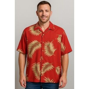 Bamboo Cay Hawaiian Shirt XXL Red Palm Leaf Button Front 100% Rayon Resort Wear